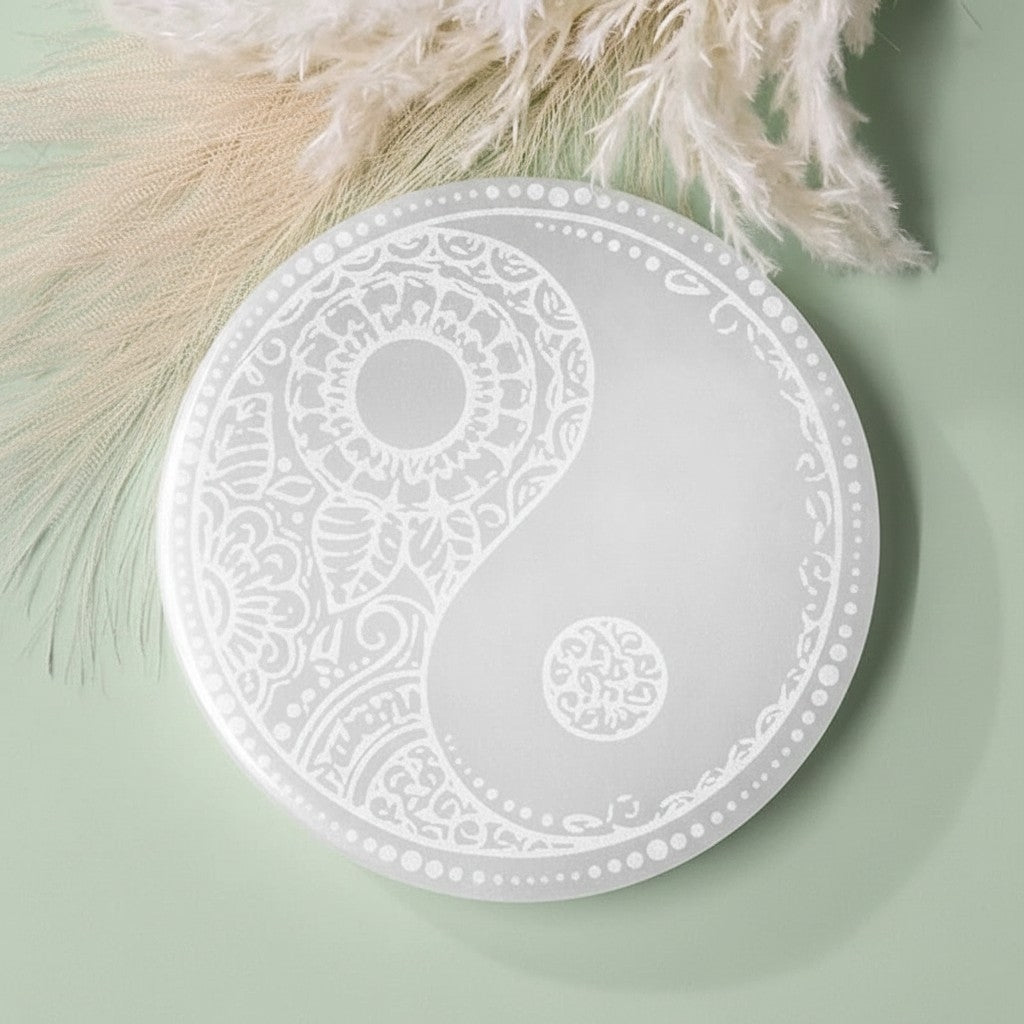 Engraved Selenite Plate - Yin & Yang