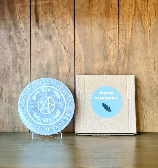 Engraved Selenite Pendulum Dowsing Plate